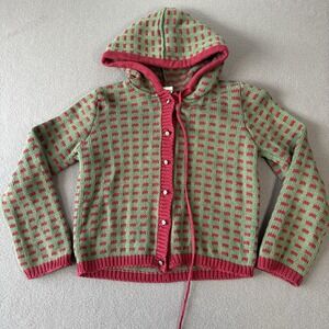 April Cornell Girls 7/8 Hooded Knit Cardigan Sweater Red Green Cottagecore Boho